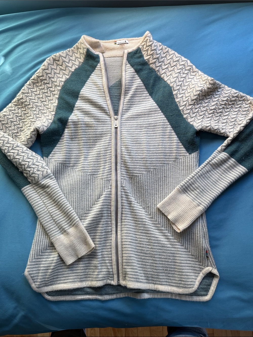 Smartwool Full Zip Sweater Womens L Merino Wool Geometric Knit Teal Oatmeal